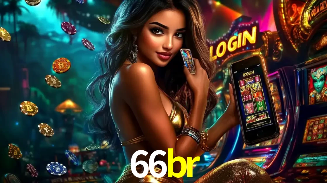 Mulher em um cenário de cassino temático de aventura, mostrando o app de caça-níqueis da 66br no celular. Fichas de apostas flutuam ao redor.